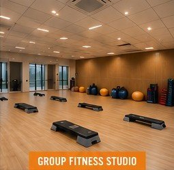 Group fitness studio with sprung floor and steps