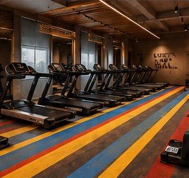 Completed cardio row on striped flooring