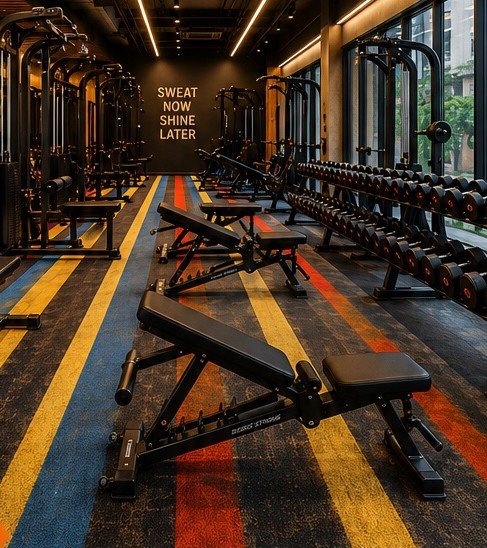 Completed premium fitness zone with benches and striped flooring